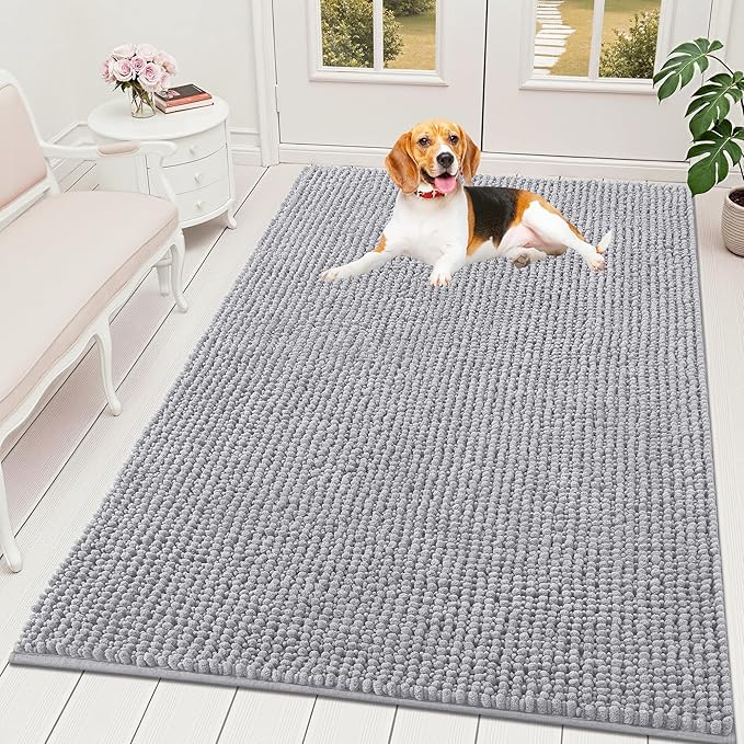 OLANLY Dog Door Mat for Muddy Paws 59x35, Ultra Absorbent Chenille Mud Doormat, Non-Slip Washable and Dirt Trapping Doormat for Indoor Entryway, Quick-Dry Indoor Pet Bed Mats for Dogs, Light Grey