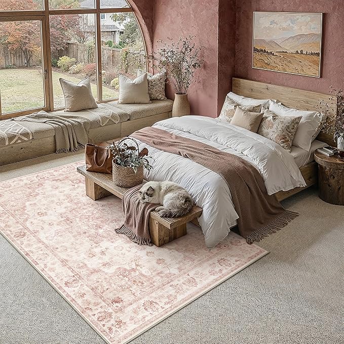 12x15 Neutral Area Rug Pink Vintage Living Room Bedroom Washable Carpet Non-Slip Soft Low Pile Farmhouse Indoor Extra Large Throw Rug for Dining Room Office