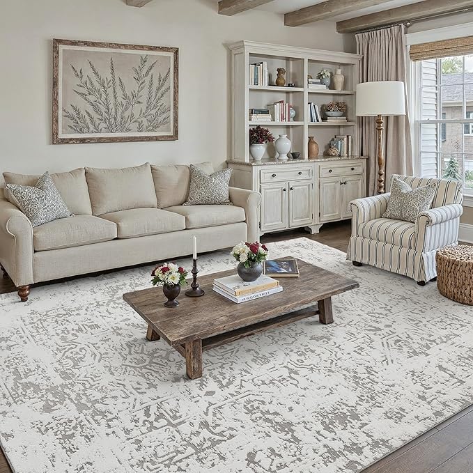 6x9 Fluffy Area Rug Grey Shag Neutral Carpet for Living Room Soft Medium Pile Floral Rug for Bedroom Dorm Office Dining Room Kitchen Nursery Modern Decor