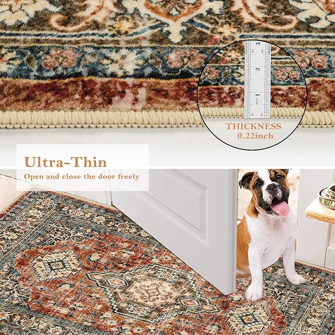 Lahome Oriental Area Rug, 3x5 Washable Rugs for Living Room Non Slip Entry Mat, Vintage Soft Pet Friendly Throw Carpet for Entryway Bedroom Dinning Room Eleanor, Brick Red