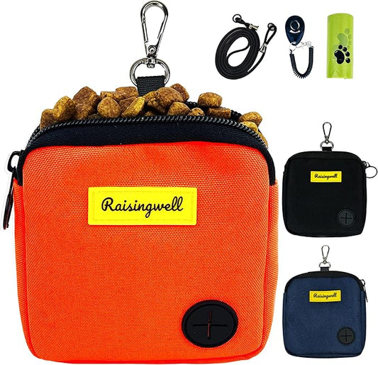 Raisingwell Dog Treat Pouch for Pet Walking and Training with Clicker Poop Bags Small Fanny Zipper Pack Holder for Puppy Snack Dispenser Kit for Leash and Outdoor Use (Orange)
