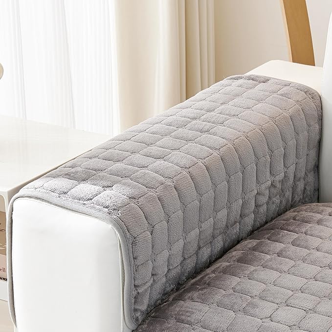 KaviKon Couch Arm Covers, Velvet Fuzzy Couch Covers for Sofa, Non-Slip Armchair Sofa Slipcovers Arm Rest Cover, Armrest Pads, Pet Friendly Couch Protector for Dogs Washable (1PC, Grey, 28"X28")