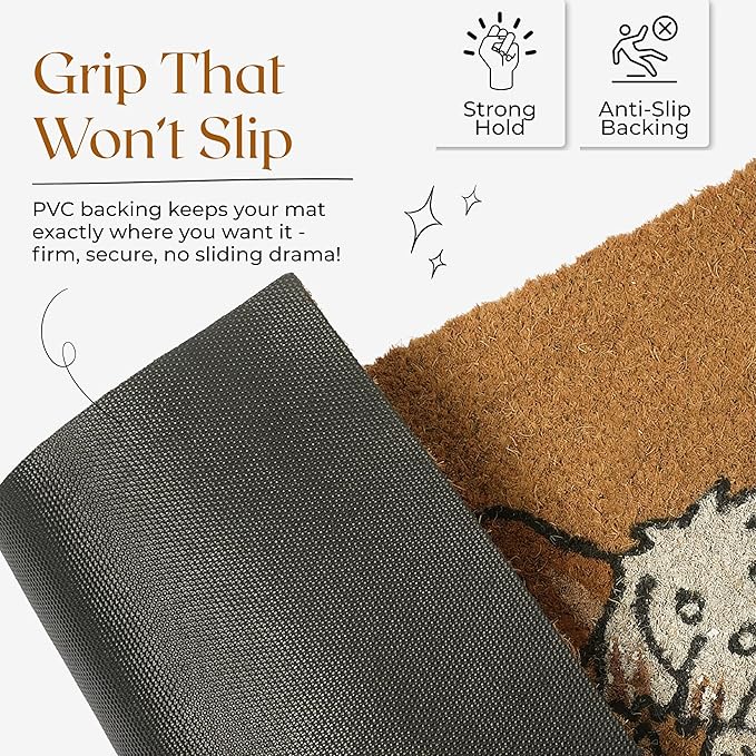 COCONIQ Coir Door Mats 17" X 30", Non-Slip Sturdy, PVC Backed Heavy Duty, Easy to Clean, Ideal for Door Entrance, Patio, Porch, Backyard, Garages, 5 Welcoming Puppies