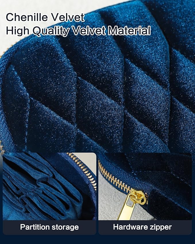 Small Travel Jewelry Case, Mini Travel Jewelry Bag with Zipper, 5-Layer Velvet Organizer Pouch for Bracelet Rings Earrings - Diamond Stitched Velvet Navy Blue