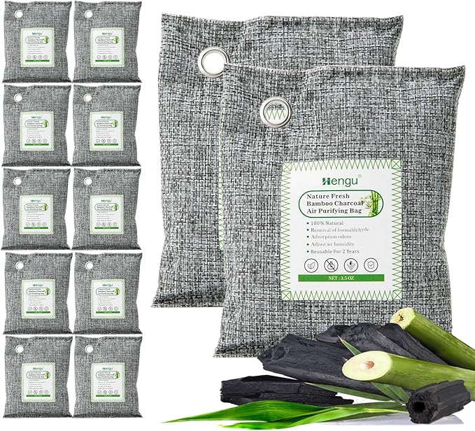 Activated Charcoal Odor Absorber (Large, 12 Pack, 100g each), Natural Charcoal Bags Odor Absorber Bamboo Charcoal Air Purifying Bag for Home, Fridge, Cabinet