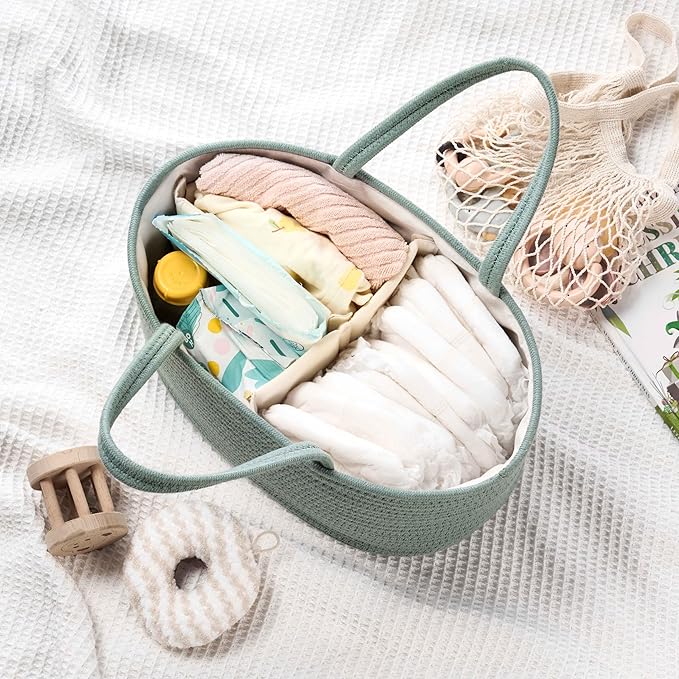 Diaper Caddy Organizer, Empty Gift Basket for Newborn Essentials, Baby Storage Basket, Stylish Gift Bag for Baby Shower, Boys and Girls - Small, Sage Green