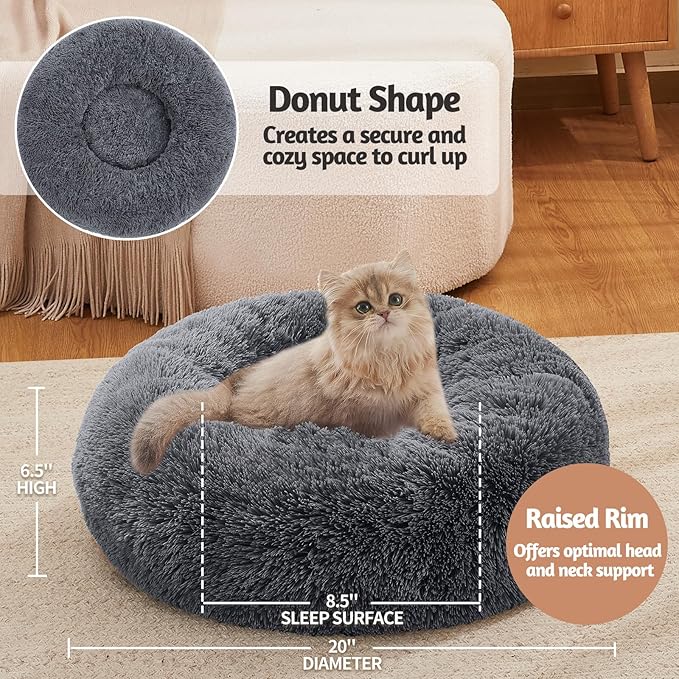 OhGeni Calming Donut Cat Bed Pillow for Small Pets, Machine Washable Removable Cover, Comfort Plush Fluffy Faux Fur with Anti-Slip Bottom, Dogs-Friendly Round Cuddly Design, Gray, 20 inches