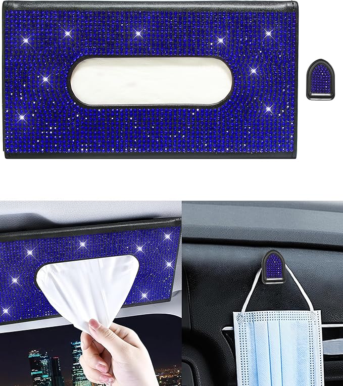 Bling Car Sun Visor Tissue Box Holder,PU Leather with Bling Crystal Rhinestones Tissue Holder,Car Accessories for Women (Blue)