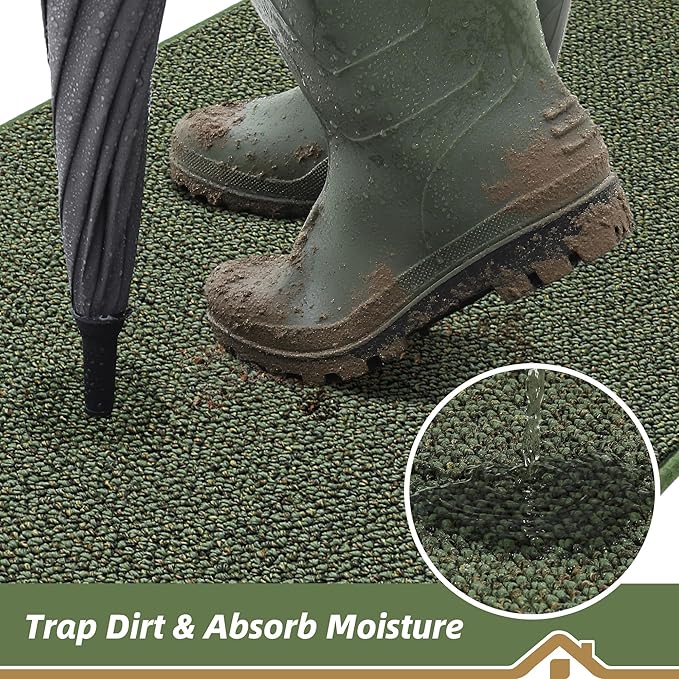 BEQHAUSE Dirt Trapper Door Mat 17" x 30", Non-Slip Doormats (Rolled-Up NO Creases) Washable Entryway Rugs, Dirt Resist and Absorbent Welcome Mat, Low Profile Floor Mats for Front Back Door, Green