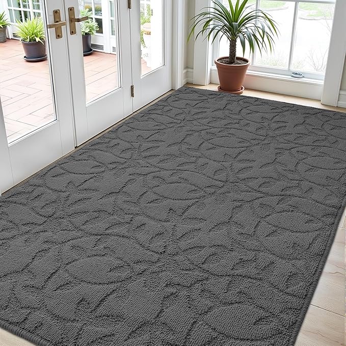DEXI Front Door Mat Inside Entrance 36x60, Non Slip Dirt Trapper Doormat, Low Profile Thin Entry Mat, Absorbent Easy Clean Welcome Mats for Entryway, Patio, Branch Leaf Grey