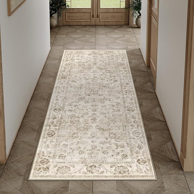 2x5 Washable Neutral Runner Rug Beige Vintage Hallway Kitchen Carpet Non-Slip Soft Low Pile Farmhouse Throw Rug for Bedroom Bathroom Laundry Living Room