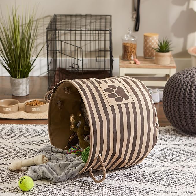 Bone Dry Pet Storage Collection Striped Paw Patch Bin, Large Round, Brown