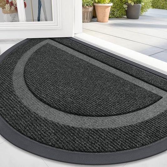 OLANLY Half Circle Door Mat Indoor Outdoor Entrance Welcome, Waterproof All-Season, All-Weather Doormat, Sturdy Natural Rubber, Low Profile, Easy Clean Patio Porch Entryway Mat, 35x23, Black