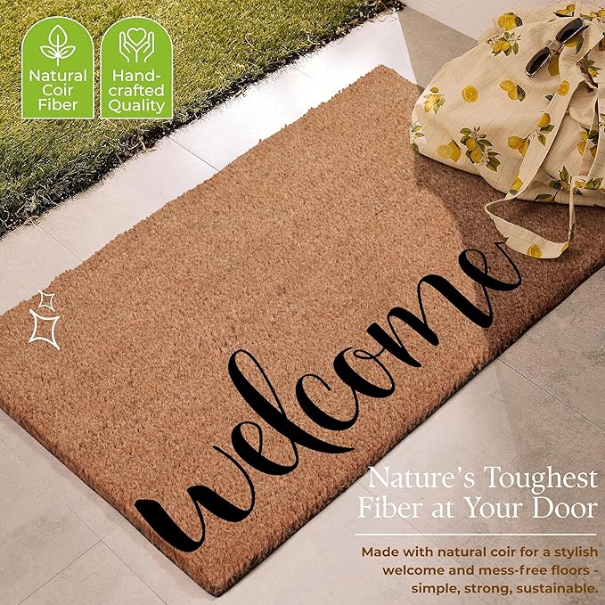 COCONIQ Coir Door Mats 17" X 30", Non-Slip Sturdy, PVC Backed Heavy Duty, Easy to Clean, Ideal for Door Entrance, Patio, Porch, Backyard, Garages, Welcome with Love