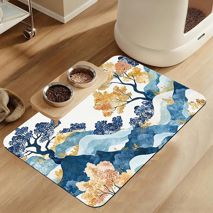 Japanese Wave Tree Dog Food Mat–Absorbent Quick Dry Feeding Placemat for Food and Water Bowls, Non Slip Rubber Backing, Waterproof Pet Supplies for Mess-Free Eating 16"x24"