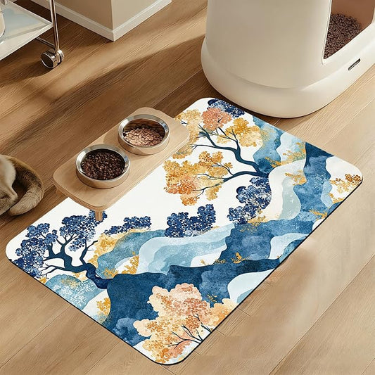 Japanese Wave Tree Dog Food Mat–Absorbent Quick Dry Feeding Placemat for Food and Water Bowls, Non Slip Rubber Backing, Waterproof Pet Supplies for Mess-Free Eating 16"x24"
