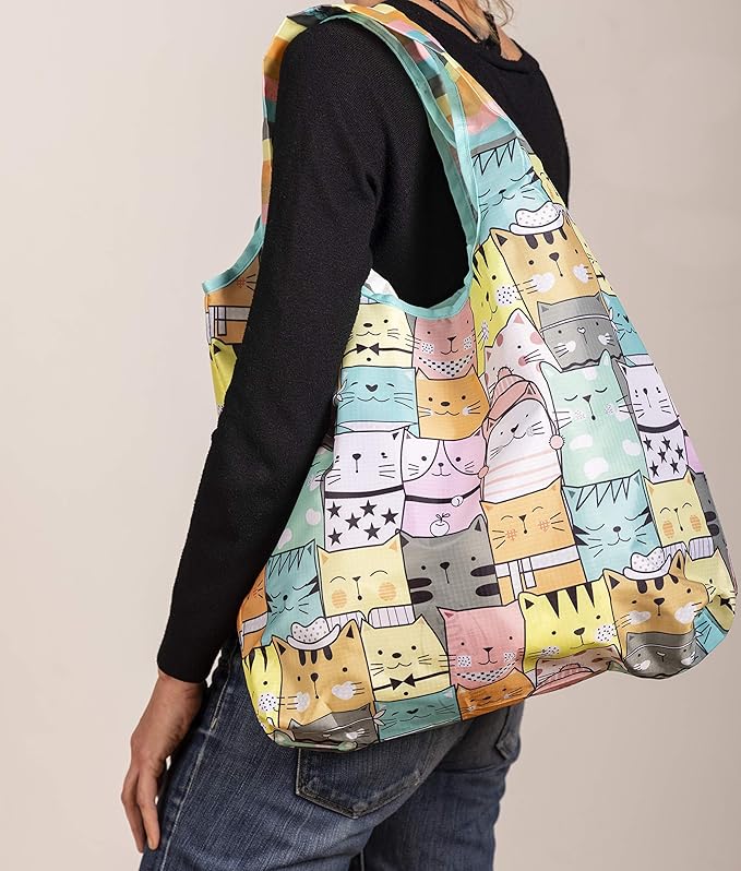 O-WITZ Reusable Grocery Bags | Vibrant Tote Bag For Groceries, Gym, Office, Beach Gear, Toys & More | Washable Design With Large Handles For Maximum Convenience | Folds Into A Small Pouch, Cat