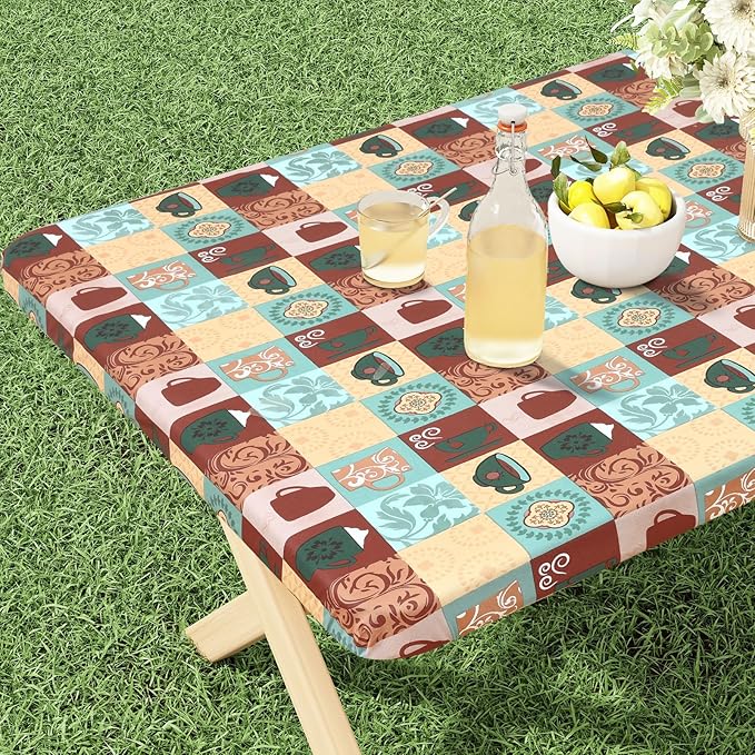 misaya Rectangle Vinyl Tablecloth, Fitted Table Cover, 100% Waterproof, Elastic Edge, Flannel Backing, Plastic Table Cloth Fit 4 Foot Folding Tables for Picnic, Outdoor (Patterned Cups, 24x48 inch)