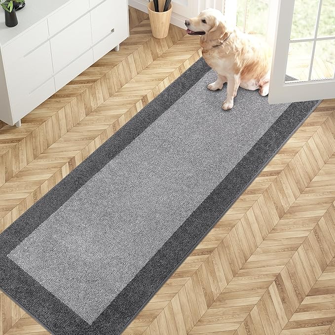 PURRUGS Dirt Trapping Door Mat 24" x 70", Non-Slip Machine Washable Entry Rug, Entrance Mat, Indoor Front Door Mat, Super Absorbent Entryway Rug for Muddy Shoes & Paws, Light Grey & Grey