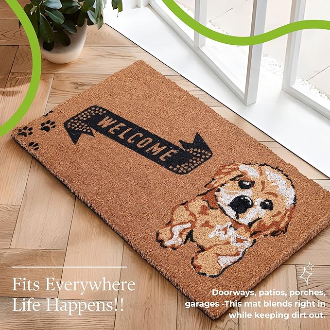 COCONIQ Coir Door Mats 17" X 30", Non-Slip Sturdy, PVC Backed Heavy Duty, Easy to Clean, Ideal for Door Entrance, Patio, Porch, Backyard, Garages, Cute Little Puppy Welcome
