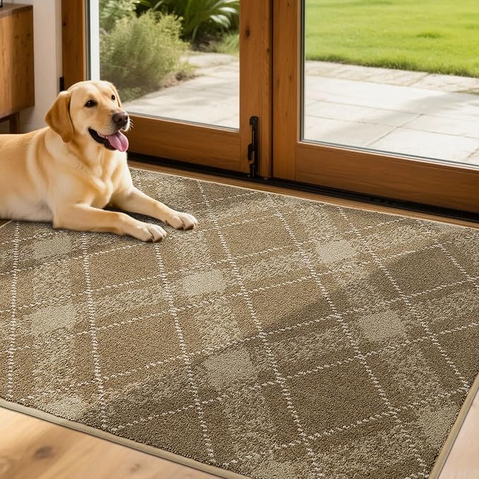 COSY HOMEER Plaid Door Mat 32" x 48",Dirt Trapper Entryway Rugs,Non-Slip Washable Farmhouse Doormat,Low Profile Welcome Mats for Paws Taupe