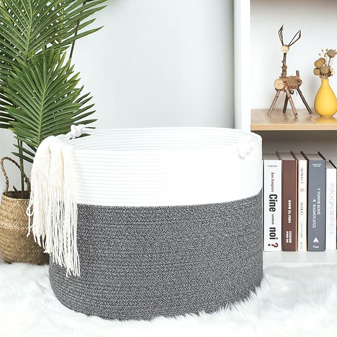 MINTWOOD Design Extra Large 22 x 16in Decorative Woven Cotton Rope Blanket Storage Basket Bin Living Room with Handles and Laundry Hamper for Pillows, Pool Towels, Dog Toys, Shoes, Dark Grey