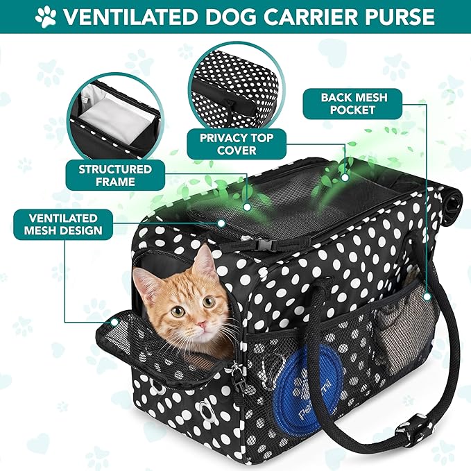 PetAmi Dog Purse Carrier for Small Dogs, Airline Approved Soft Sided Pet Carrier with Pockets, Ventilated Dog Carrying Bag for Puppy Cat, Dog Travel Supplies Bag, Sherpa Bed, Max 12 lbs, Polka Dot