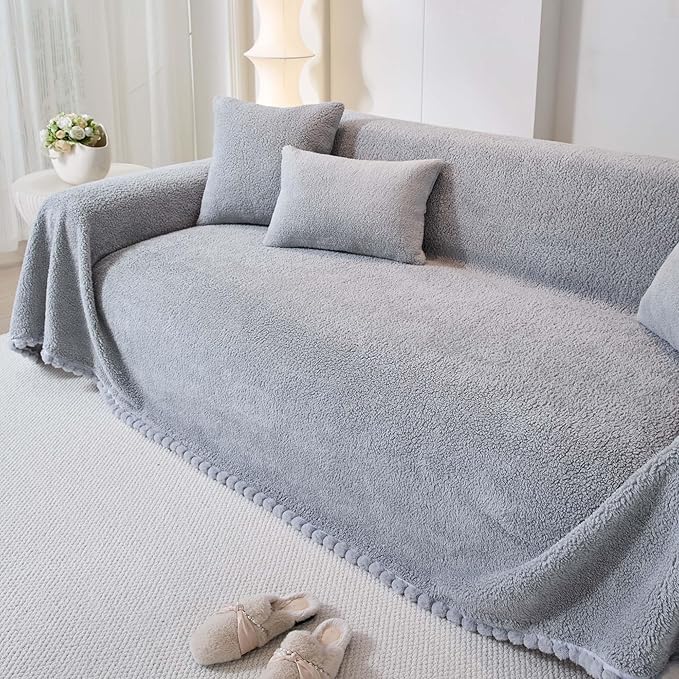 Sherpa Fleece Oversized Couch Cover for 3-4 Cushion Sofa, Grey 71" x 150" - Pet Proof Sofa Covers Heavy Duty Scratch Resistant Pet Friendly Furniture Cover - Easy Install, Machine Washable