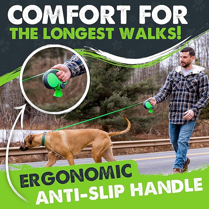 Mighty Paw Retractable Leash with Built-in Poop Bag Holder | 16' Long Retractable Dog Leash for Small Dogs, Medium Breeds & Large Pets with Tape for Quick Control. Poop Bags Included