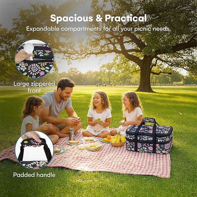 VP Home Insulated Casserole Carrier - 16"x11"x8" Food Carrier with Expandable Compartments, 2-Tier Travel Insulated Bag for Hot or Cold Dishes - Lunch Holder for Picnics, Potluck - Garden Party Design