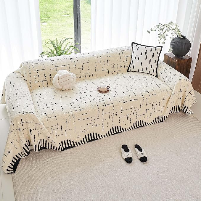 Sherpa Fleece Oversized Couch Cover for 3-4 Cushion Sofa, Beige 71" x 150" - Pet Proof Sofa Covers Heavy Duty Scratch Resistant Pet Friendly Furniture Cover - Easy Install, Machine Washable