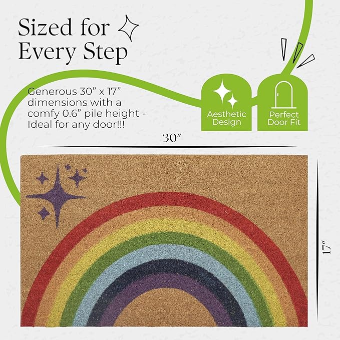 COCONIQ Coir Door Mats 17" X 30", Non-Slip Sturdy, PVC Backed Heavy Duty, Easy to Clean, Ideal for Door Entrance, Patio, Porch, Backyard, Garages, Sparkle of Rainbows