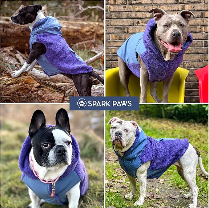Spark Paws Reversible Dog Sweater, Sherpa Jacket Vest with Warm Fleece Lining, Warm Coat for Winter, Suitable for Small Medium, Large, XL XXL Dogs - Purple and Navy Blue - 2XL