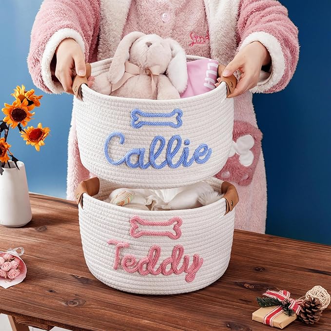Custom Dog Toy Basket, Personalized Cotton Rope Basket With Pet Name, Puppy Toys Storage Gifts Pet Dog Decor Organizer (Dog Toy Basket)