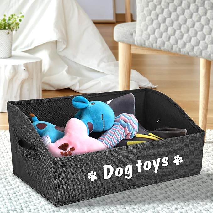 PET ARTIST Sturdy Collapsible Dog Organization and Storage Basket Accessible,Cute Dog Toy Storage with Handles,Dog Toy Box Bin Large for Chew Toys,Clothes,Squeak Toys,Black