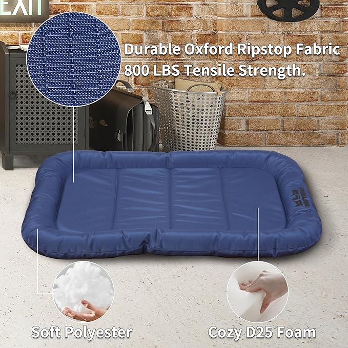 Durable Outdoor Dog Bed with Pillow Around Curling Sleep Fully Waterproof Indoor Cat Bed Crate Mat Stable Kennel Pad, for Pets (Blue, X-Large(42x29in))