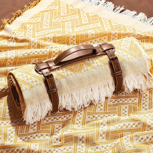VitalCozy Waterproof Picnic Blankets Outdoor Blanket Foldable 2 in 1 Double Layer Sandproof Beach Mat with Carry Strap for Camping Lawn Park Beach Grass (Yellow White)