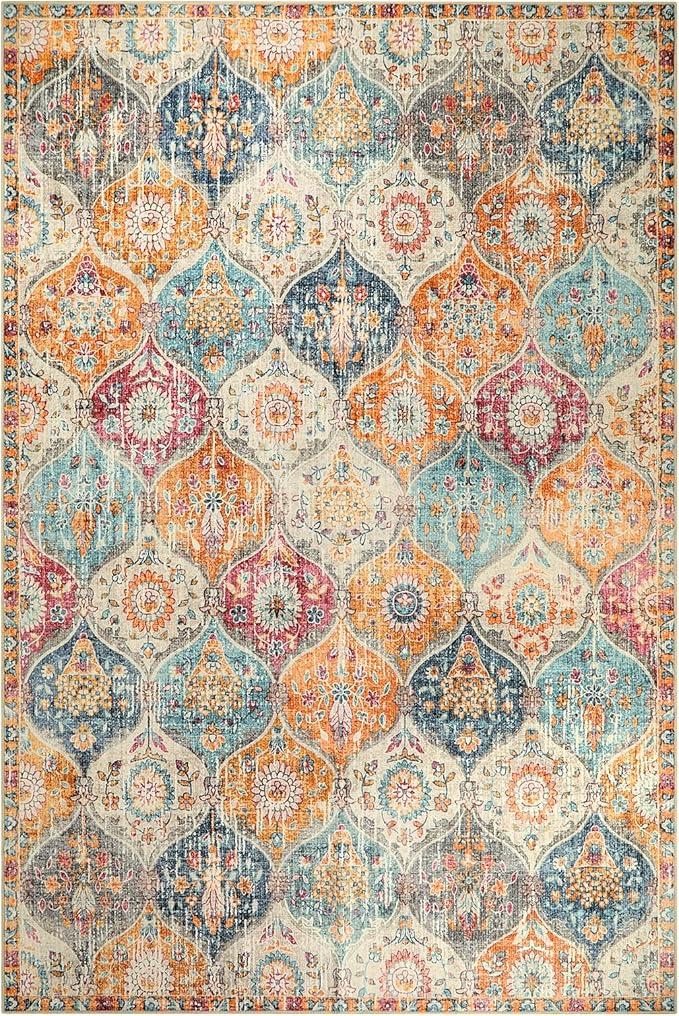 Lahome Moroccan 6x9 Rugs for Living Room, Soft Washable 6x9 Area Rug for Bedroom, Ultra-Thin Oriental Trellis Non Shedding Throw Large Carpet for Dining Room Office Elise, Cream/Multi