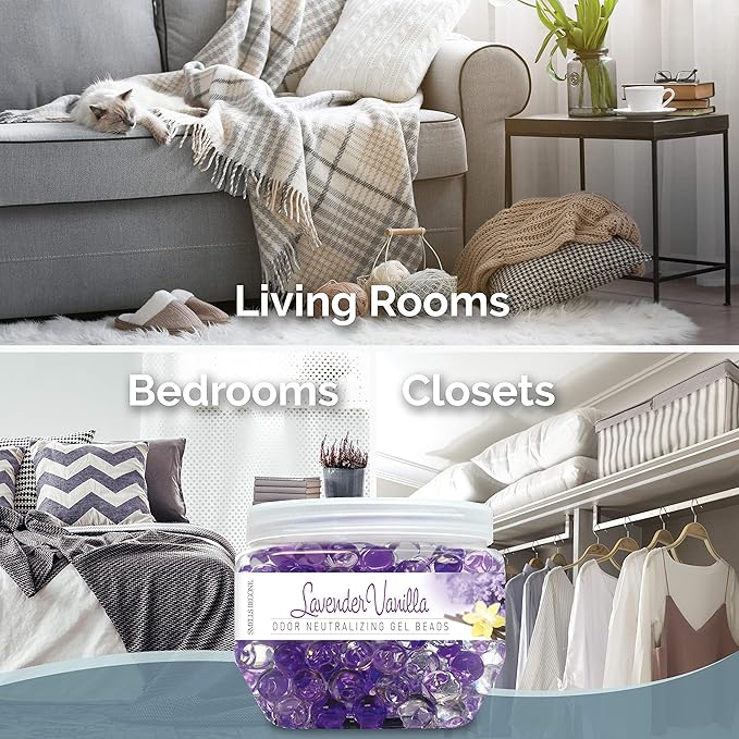 SMELLS BEGONE Odor Eliminator Gel Beads - 12 oz, Pack of 2 - Eliminates Odor in Bathrooms, Cars, Boats, RVs & Pet Areas - Air Freshener - Made with Essential Oils - Lavender Vanilla Scent