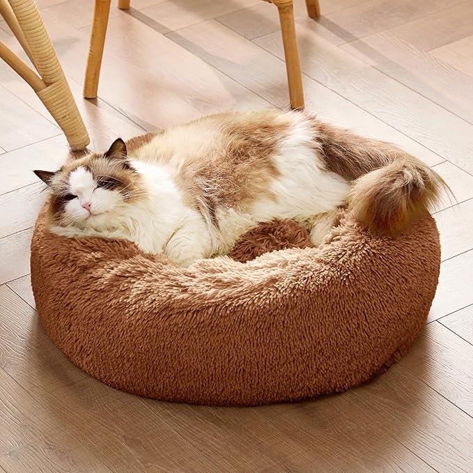 Bedsure Calming Cat Beds for Indoor Cats - Small Cat Bed Washable 20 inches, Anti-Slip Round Fluffy Plush Faux Fur Pet Bed, Fits up to 15 lbs Pets, Copper