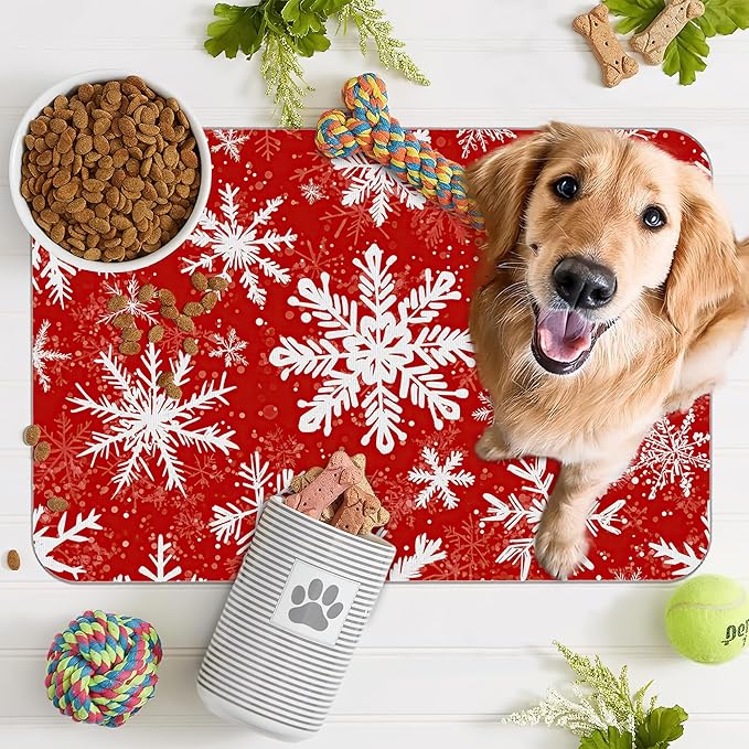 Christmas Dog Food Mat for Floors,Snowflake Absorbent Pet Food and Water Bowl Mats,Non-Slip Pet Feeding Mat,Pet Supplies 16" x 24"