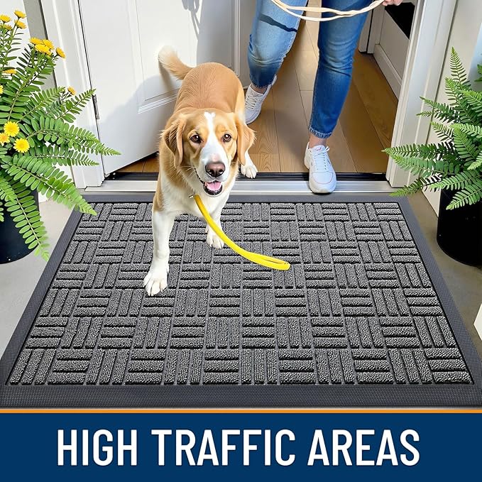 OLANLY Front Door Mat Outside Entrance 29.5x17, Absorbent, Heavy Duty Sturdy Natural Rubber Doormat Indoor Outdoor, Stain and Fade Resistant, Non-Slip Backing Low Profile Floor Mat for Entryway, Grey