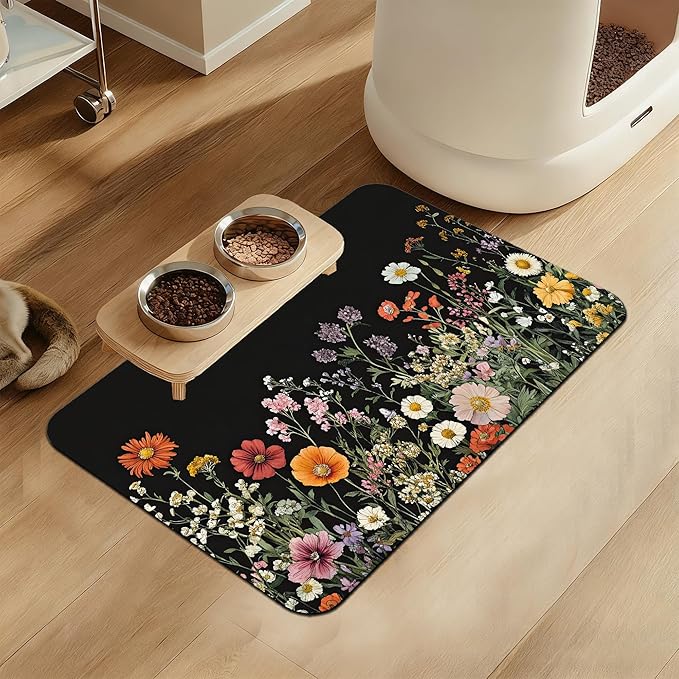 Vintage Wild Herbs Dog Cat Food Mat–Christmas Stocking Absorbent Waterproof Placemat for Food and Water Bowls, Non Slip Rubber Backing, Feeding Mat for Clean Floors 12"x20"