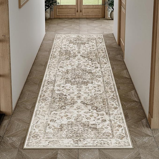 2x6 Washable Neutral Runner Rug Brown Vintage Hallway Kitchen Carpet Non-Slip Soft Low Pile Farmhouse Throw Rug for Bedroom Bathroom Laundry Living Room