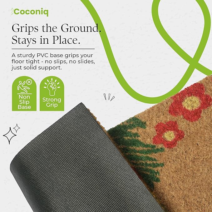 COCONIQ Coir Door Mats 17" X 30", Non-Slip Sturdy, PVC Backed Heavy Duty, Easy to Clean, Ideal for Door Entrance, Patio, Porch, Backyard, Garages, Vibrance of Flora - Hello