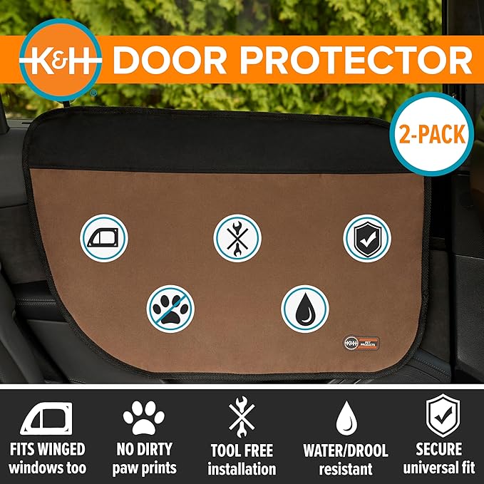 K&H Pet Products Car Door Protector for Dogs, 2 Pack Waterproof Interior Pet Car Door Protector from Dog Scratching, Stay Put Cover Design, Fits Most Vehicles, Washable - 27 x 19in Tan