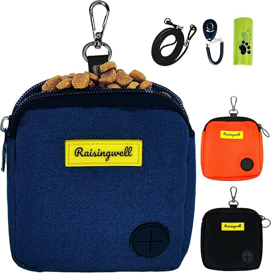 Raisingwell Dog Treat Pouch for Pet Walking and Training with Clicker Poop Bags Small Fanny Zipper Pack Holder for Puppy Snack Dispenser Kit for Leash and Outdoor Use (Blue)