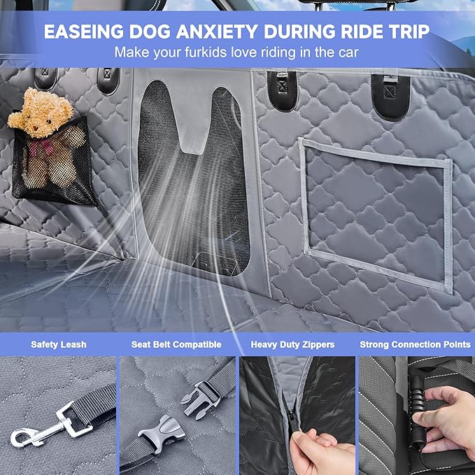 Dog Car Seat Cover - Hard Bottom with Mesh Window, Fits Back Seat of Trucks & SUVs, Holds 400 lbs, Waterproof