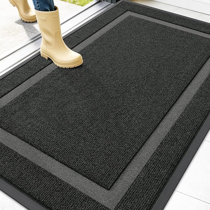 OLANLY Front Door Mat Indoor Outdoor Entrance, Waterproof All-Season, All-Weather Doormat, Sturdy Natural Rubber, Fade Resistant, Low Profile, Easy Clean Patio Porch Entryway Mat, 47x32, Black