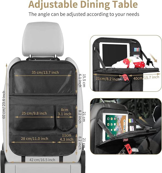LUCMO Car Backseat Organizer with Tablet Holder,6 Storage Pockets Car Storage Organizer with Foldable Food Tray,Protectors Kick Mats Travel Accessories-Black